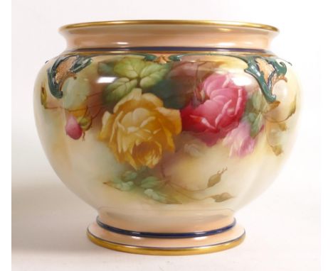 Royal Worcester large footed planter, gilded and hand painted with Roses, shape no.276, green mark, h.20.5 x d.26cm. 