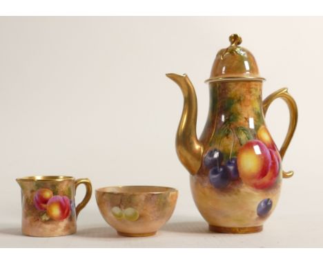 Royal Worcester miniature tea/coffee set, hand painted with fruit and signed by Freeman, comprising coffee pot, jug &amp; bow