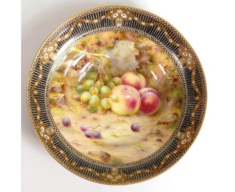 Royal Worcester large footed bowl, gilded and hand painted with fruit by Frank Roberts, shape no.2577, puce mark, d.30cm. 