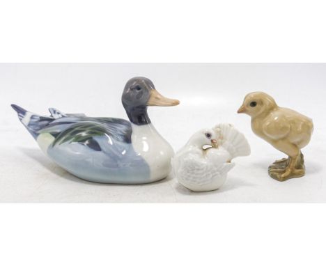 Royal Copenhagen model of a Mallard Duck 119, Dove and a B&amp;G model of a chick. (3) 