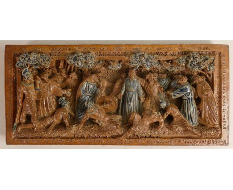 GEORGE TINWORTH (1843-1913) for Doulton &amp; Co., a glazed stoneware incised religious panel, 31 x 14cm, artist signed to ed