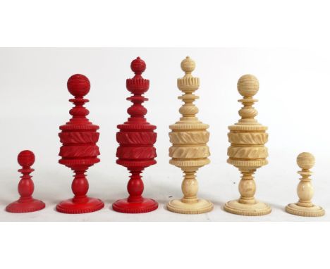 19th Century bone chess set in lacquered games compendium box, height of king 10.5cm, (a/f) - white bishop damaged, all knigh