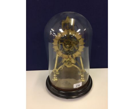 VICTORIAN BRASS SKELETON CLOCK WITH FUSEE MOVEMENT UNDER DOME (DOME DAMAGED)