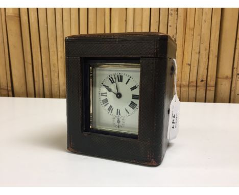 VICTORIAN FIVE GLASS CARRIAGE CLOCK  WITH OUTER TRAVEL CASE, ALARM FEATURE RINGING ON A BELL, WHITE ENAMEL DIAL WITH ROMAN NU