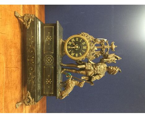 FRENCH MANTEL CLOCK, BLACK FACE WITH ROMAN CHAPTERING SURMOUNTED BY CAVALIER AND HOUND (KEY WITH AUCTIONEER)