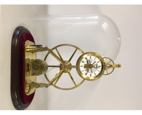 A REPRODUCTION SINGLE FUSEE BIG WHEEL SKELETON CLOCK UNDER GLASS CASE ON A MAHOGANY PLINTH 