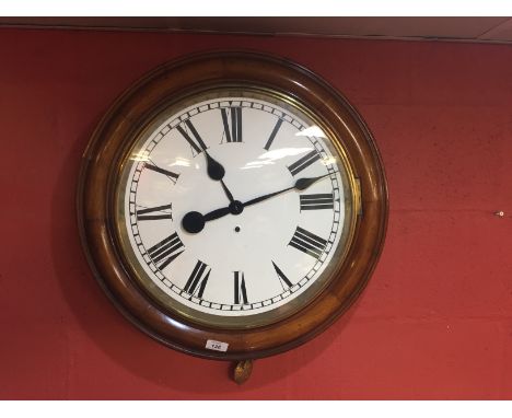 LARGE DIAMETER VINTAGE MAHOGANY CASED WALL CLOCK (DIAL 16") WHITE DIAL WITH ROMAN NUMERALS (KEY AND PENDULUM)