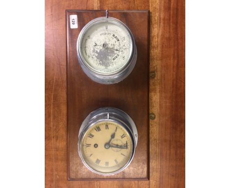 A NAUTICAL SHIP'S PAIR OF CHROME CASED INSTRUMENTS TO INCLUDE BAROMETER AND CLOCK MOUNTED ON MAHOGANY