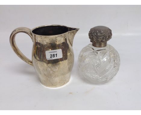 STERLING SILVER MILK JUG WITH PRESENTATION INSCRIPTION 14CM. ALONG WITH SPHERICAL SILVER TOPPED SCENT BOTTLE