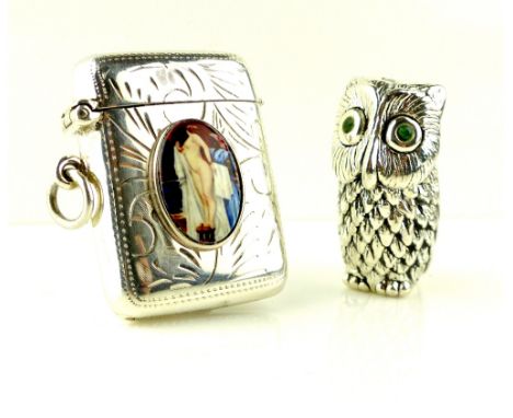 Silver pin cushion, modelled as an owl, a silver Vesta case, enamelled female nude plaque to front, overall engraved floral d