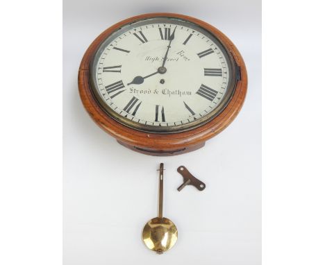 Victorian school clock, mahogany case, brass fusee movement, retail label for Fehrenbach Bros of Chatham, painted tin face, 2