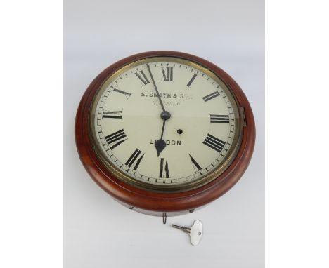 19th/20th C school clock, mahogany case, painted tin face for Smith & Son of The Strand, London, 28.5cm dia