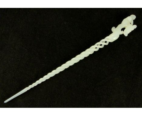Chinese jade hair pin, turned design and dragon head finial, 24cm l