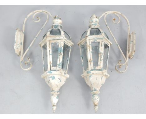 Pair of French style porch hanging lanterns, crown top tapering hexagonal body, with scroll arm wall brackets, lantern 65cm h