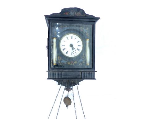 Late 19th C wall clock, painted with ceramic columns, enamel dial, part wood cased mechanism striking on a coil face