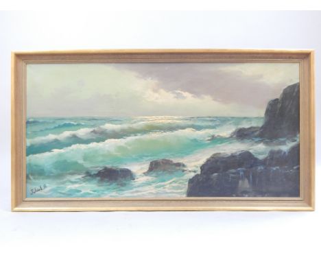 Salvati B, Continental School, c 1960s, seascape with craggy rocks, oil, 59 x 120.5cm