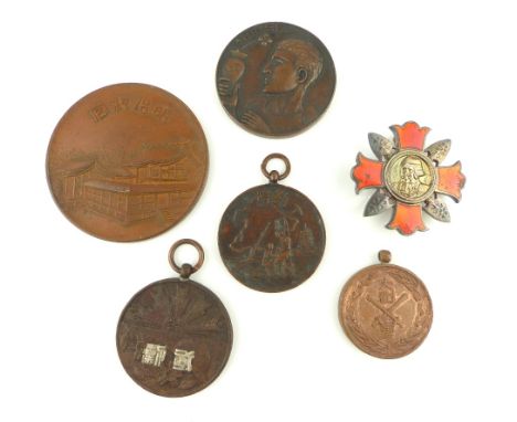 Japanese military wound enamel badge, Shoigunjinsho, and other Asian medallions including construction award to royal palace 