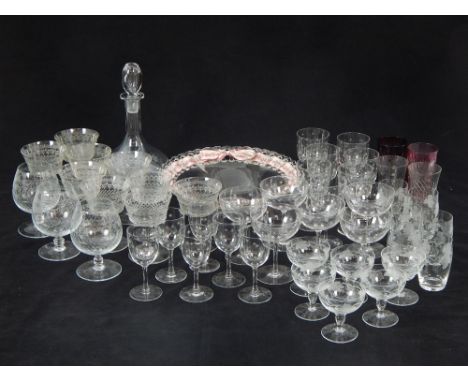 Set of Edwardian wine glasses, etched decoration, other champagne and liqueur glasses, and a decanter (qty)