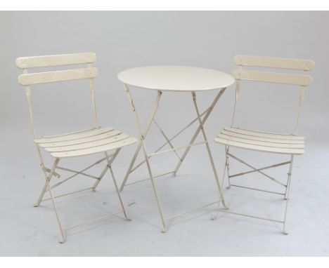 French cafe au lait enamel bistro set of 60cm dia table and two slat chairs (3)