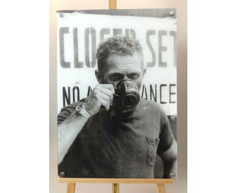 20th century reproduction print of Steve McQueen drinking coffee, glazed, 85 x 60cm