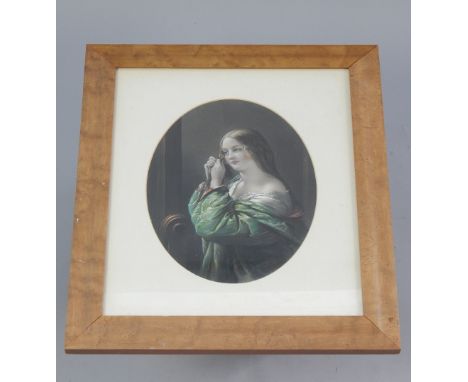 19th C unnamed, portrait of a young girl, stipple engraving, 29 x 23cm, burr maple frame