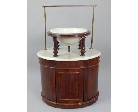 Early 20th century mahogany and marble topped washstand by Blyth & Sons, the circular ceramic bowl with turned supports and b