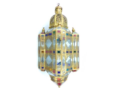 Islamic hall lantern, brass pierced dome, four side turrets with niche decoration, and colour inserts, 110 x 40cm