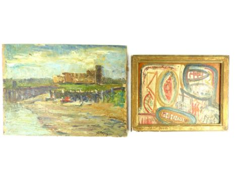 20th century Continental School, abstract composition, oil on board, indistinctly signed Vanlint?, 17cm h, 23cm w, and an Imp