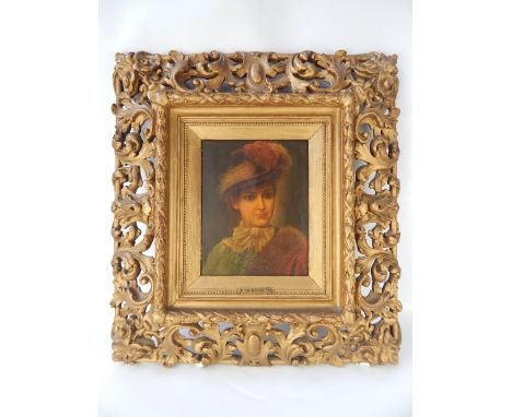 Unsigned, early 20th C, portrait of a Viennese lady wearing a feathered hat and fur over her shoulder, oil on panel, 22.7 x 1