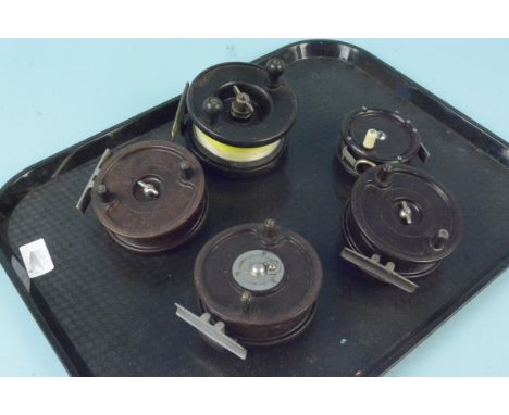Five vintage Allcock Aerialite reels, (three 3 3/4", one 3" and one 4")