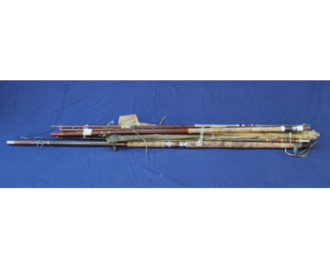 Six assorted vintage fishing rods including an Abu Zoom Beachcaster