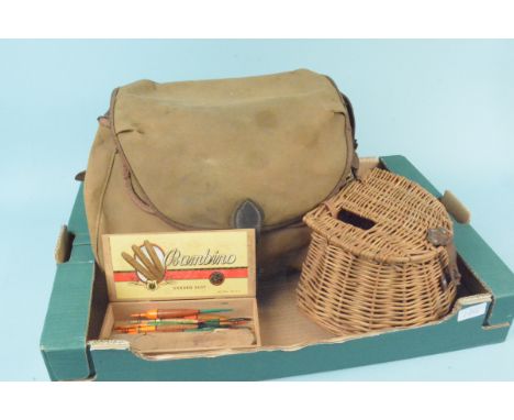 Two vintage wicker fishing creels and a box of vintage floats, reels etc