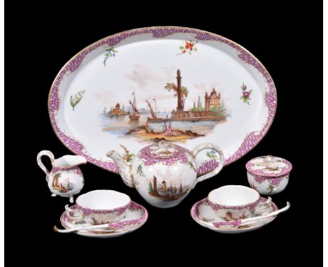 A Dresden porcelain tête-à-tête tea service, circa 1900, painted in the Meissen manner, comprising; an oval tray, a bullet-sh