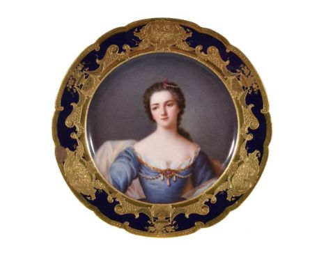 A Dresden (A. Lamm) portrait plate, probably Louise Henriette de Bourbon (1726-59) after Jean-Marc Nattier, within a rich blu