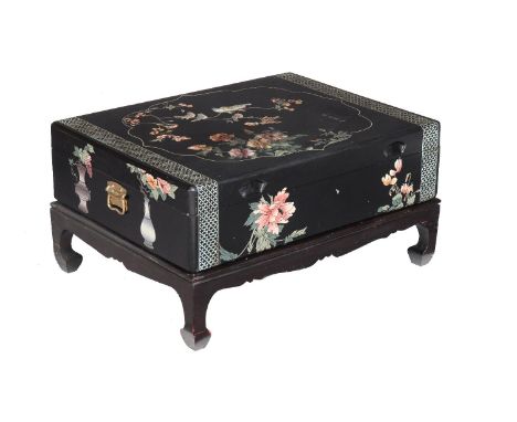 A Chinese coromandel lacquer box on stand, modern, the top with a cartouche filled with birds amongst prunus blossom together