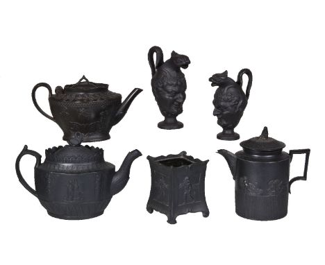 A selection of mostly marked black basalt, various dates late 18th century/early 19th centuries, comprising: a Poole, Lakin &