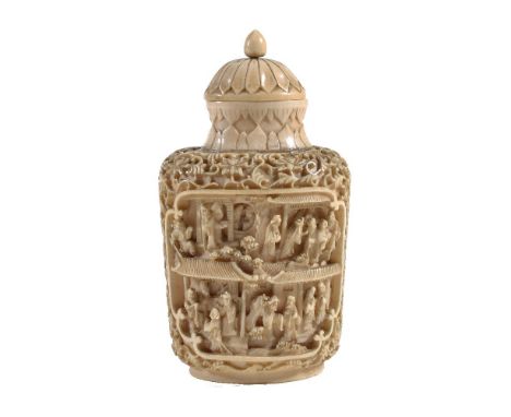 Y A Chinese ivory snuff bottle and stopper, circa 1860-1880, carved in high relief with two panels of figures on a foliate sc