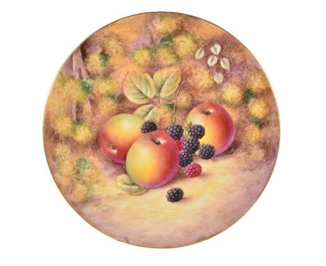 A Royal Worcester plate painted by J.Smith, typically decorated with fallen autumnal fruit within a gilt line border, black p