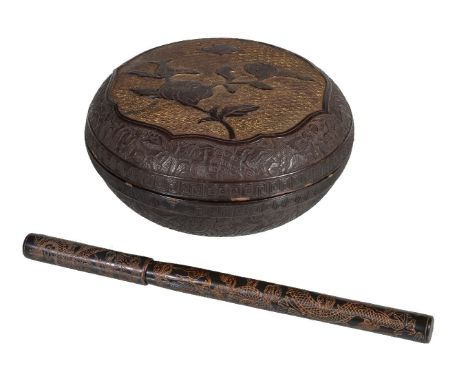 A Tianqi style calligraphy brush and cover, incised and gilt a dark lacquer ground, the cover with six character reign mark, 