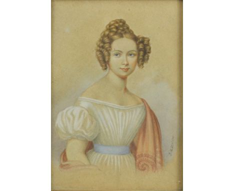 Johann Michael HOLDER (1796 - 1861). Portrait. Junge Frau.17,5 cm x 13 cm. Aquarell. Rechts unten signiert. Die Dame mit rote