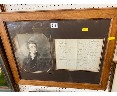 An oak framed portrait, Robert Peel, letter on back, 1835