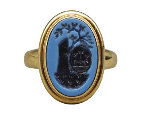 Schöner Siegelring mit blauem Lagenstein 14 k GG, im Wappen ist ein Baumstamm mit einem belaubtem Ast in einer Halbkugel steh