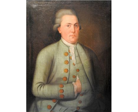 L. Schmitz, Portrait eines Edelmannes Vor dunklem Hintergrund sitzt in frontaler Ansicht ein Adeliger, der seine rechte Hand 