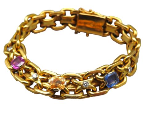 Garibaldi Armband mit Steinbesatz aus 18 k GG, mit Farbsteinbesatz in pink, hellblau und zartgelb, dazwischen kleine Brillant