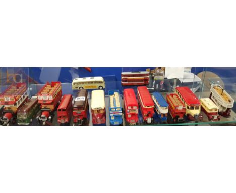 SHELF LOT OF MODEL BUSES AND TRAMS TO INCLUDE CORGI AND DINKY