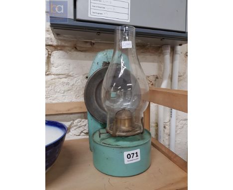 ANTIQUE BLUE ENAMEL WALL OIL LAMP
