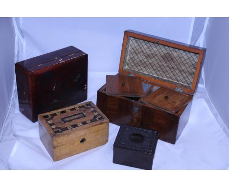 A selection of treen and Bakelite items including tea caddy 