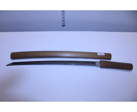 A wooden handled and scabbard short bladed Samurai sword, 48cm blade length, measured from Habaki, shipping unavailable (over