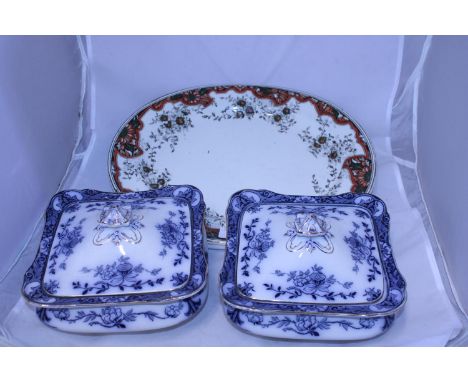 Two ceramic blue and white tureens and Victorian ceramic meat plate a/f shipping unavailable 