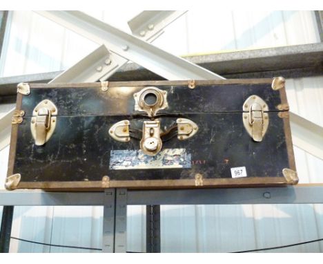 LUGGAGE TRUNK. Large black painted tin luggage trunk, L: 76 cm